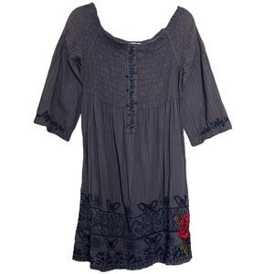 Johnny Was 3J Workshop Smocked Dress Off Shoulder Floral Butterfly Embroidered S